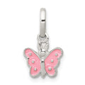 Sterling Silver Rhodium-plated Pink Enameled Butterfly Children's Pendant, 9.4 x 17.2 mm