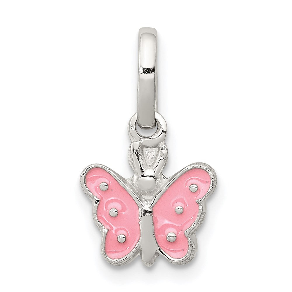 Sterling Silver Rhodium-plated Pink Enameled Butterfly Children's Pendant, 9.4 x 17.2 mm