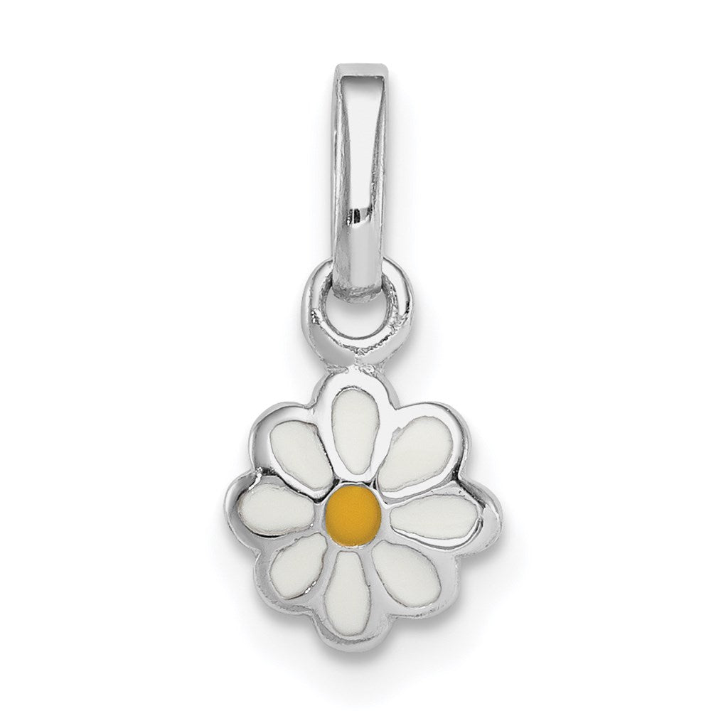 Sterling Silver RH-plated White & Yellow Enamel Daisy Children's Pendant, 15 x 7.25 mm