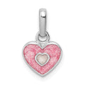 Sterling Silver RH-plated Pink Glitter Enameled Heart Children's Pendant, 15 x 9 mm
