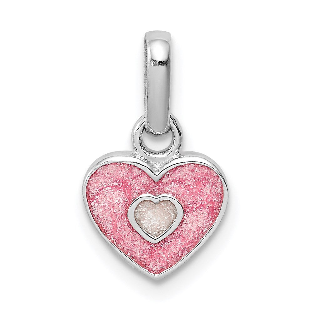 Sterling Silver RH-plated Pink Glitter Enameled Heart Children's Pendant, 15 x 9 mm