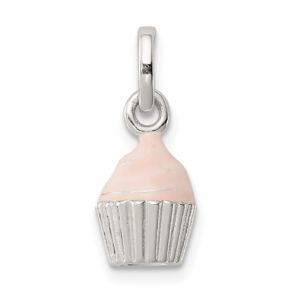 Sterling Silver Polished & Pink Enameled Cupcake Children's Pendant, 17.75 x 7.75 mm