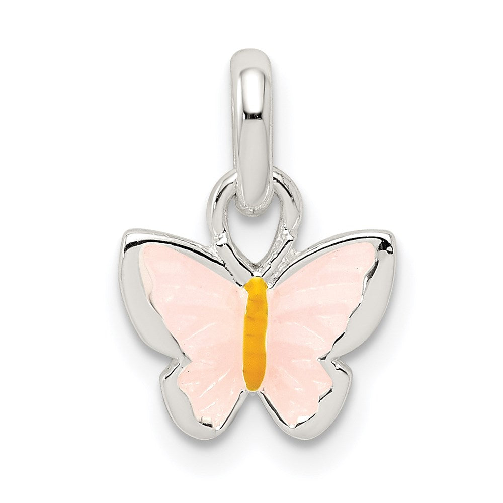 Sterling Silver Polished Pink/Orange Enamel Butterfly Children's Pendant, 14.6 x 9.85 mm