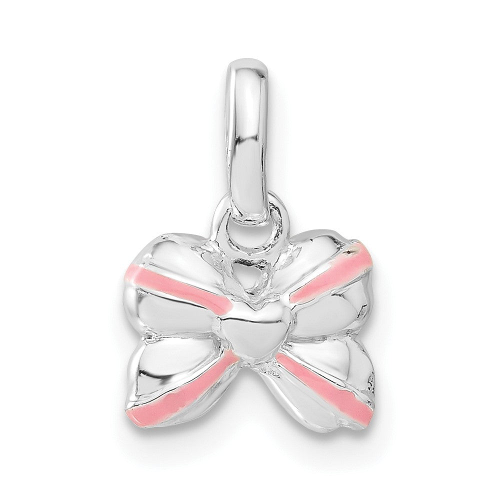Sterling Silver Pink Enamel & CZ Kid's Bow Pendant, 13.8 x 9.4 mm