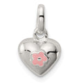 Sterling Silver Polished Pink Enamel Flower on Heart Children's Pendant, 15.5 x 9 mm
