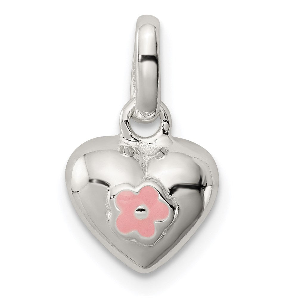Sterling Silver Polished Pink Enamel Flower on Heart Children's Pendant, 15.5 x 9 mm