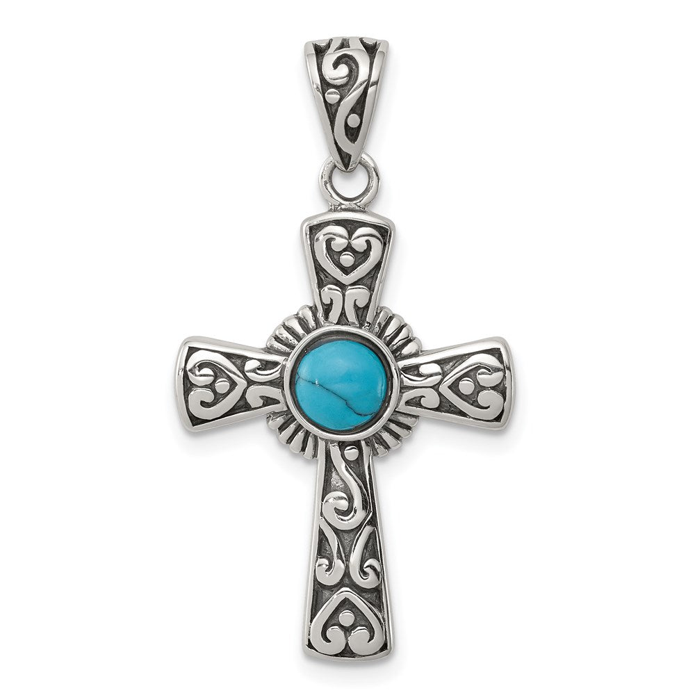 Sterling Silver Antiqued Recon Turquoise Cross Pendant, 25.5 x 19 mm