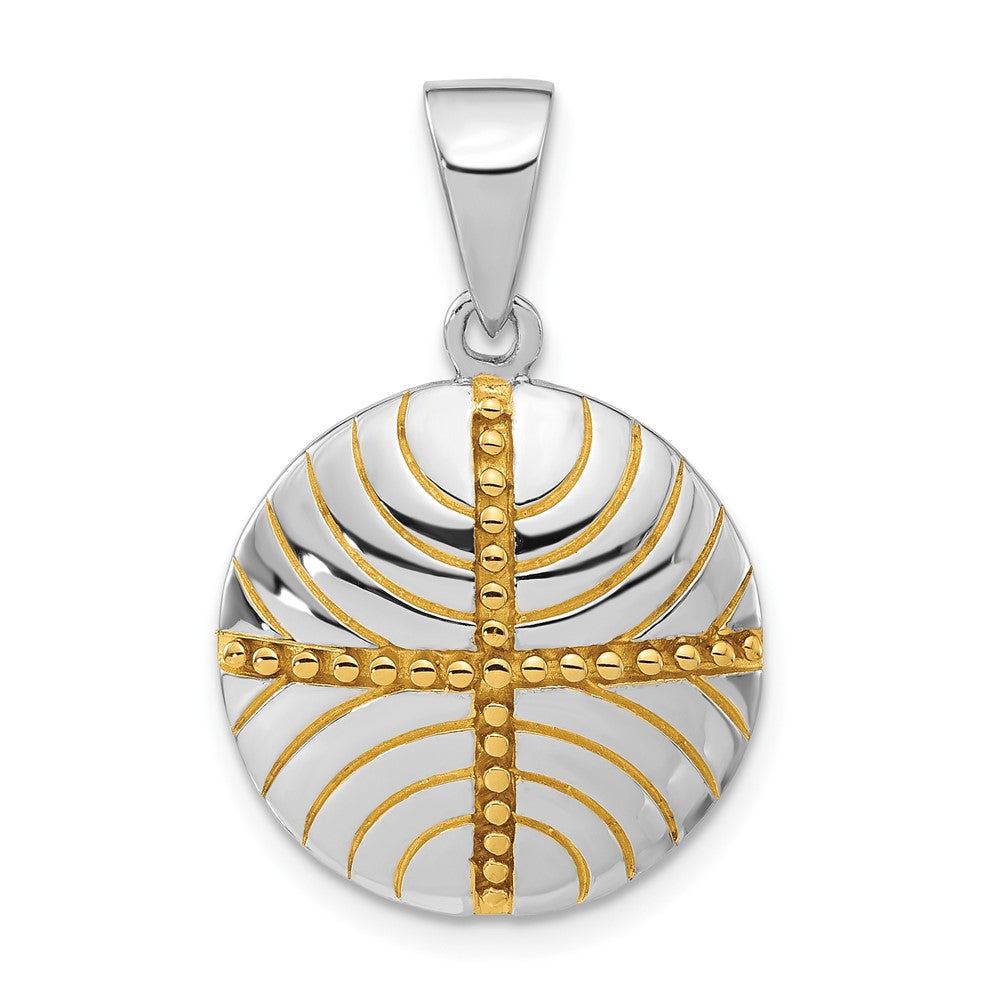 Sterling Silver Rhodium & Gold-plated Polished Beaded Circle Pendant, 28.7 x 18.4 mm