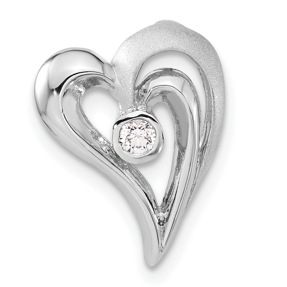 Sterling Silver Polished & Satin CZ Heart Chain Slide, 16.55 x 12.5 mm