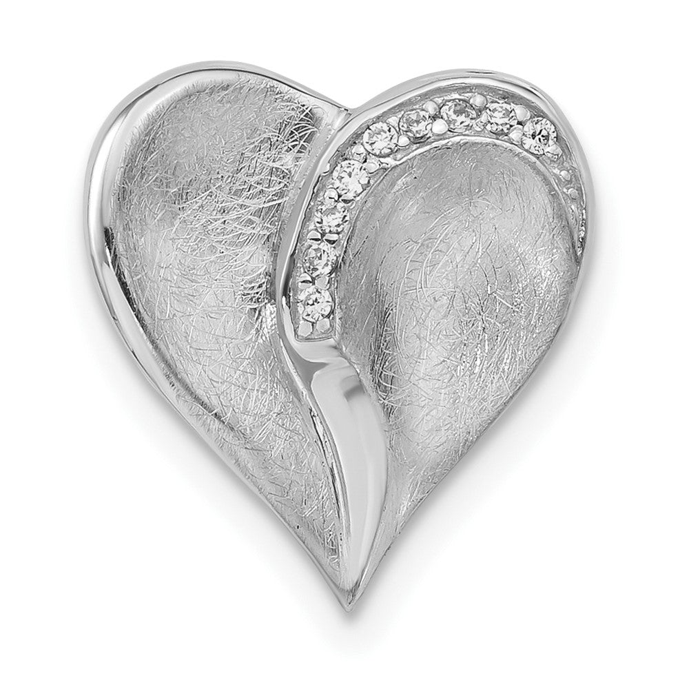 Sterling Silver Polished & Textured CZ Heart Chain Slide Pendant, 15.1 x 14 mm