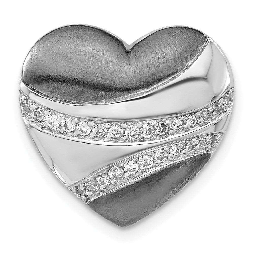 Sterling Silver w/ Black Rhodium Polished & Satin CZ Heart Chain Slide Pendant, 17.8 x 18.65 mm