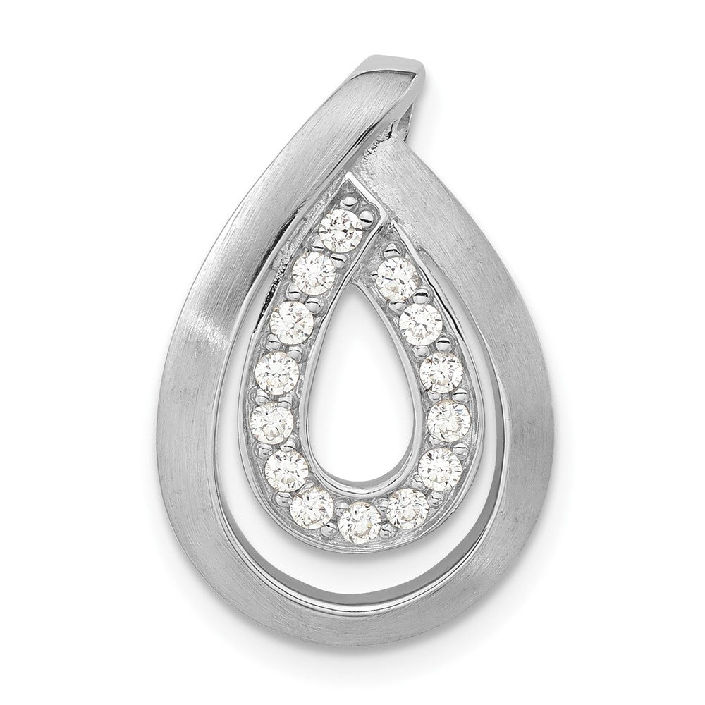 Sterling Silver Brushed CZ Teardrop Chain Slide Pendant, 20.7 x 14 mm
