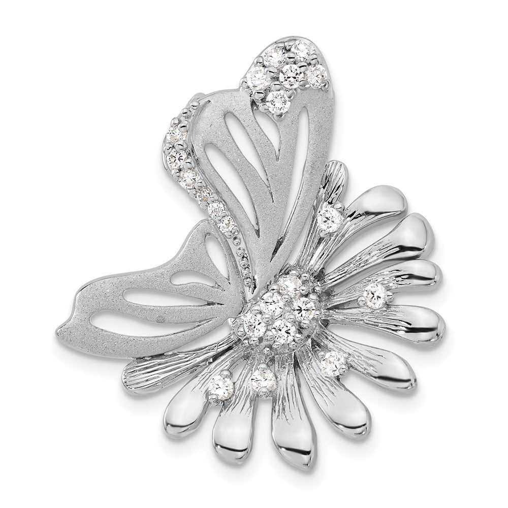 Sterling Silver Polished & Satin CZ Flower Butterfly Slide, 30.5 x 27 mm