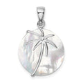 Sterling Silver Rhodium-plated Polished Round Mother of Pearl Palm Tree Pendant, 27 x 16.5 mm