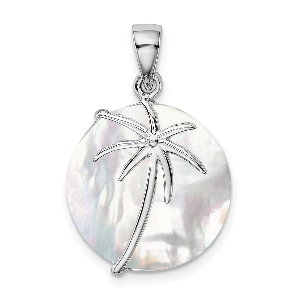 Sterling Silver Rhodium-plated Polished Round Mother of Pearl Palm Tree Pendant, 27 x 16.5 mm