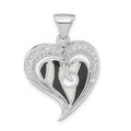 Sterling Silver Polished Black & White Enamel CZ Heart Pendant, 30.25 x 20.9 mm