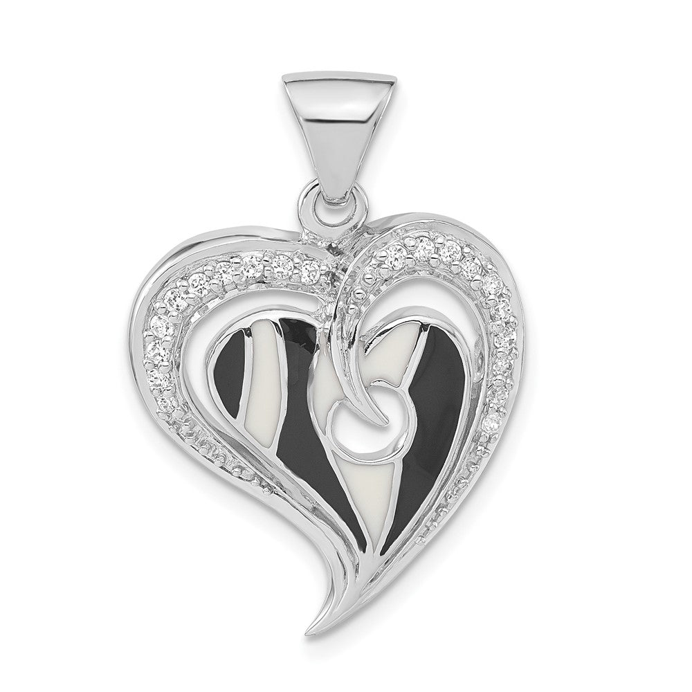 Sterling Silver Polished Black & White Enamel CZ Heart Pendant, 30.25 x 20.9 mm