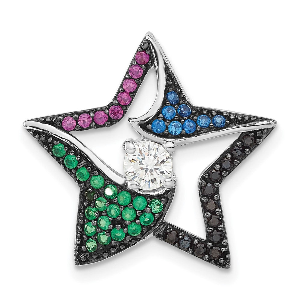 Sterling Silver & Black Rhodium Multi-color Stones & CZ Star Chain Slide, 19.85 x 21.2 mm