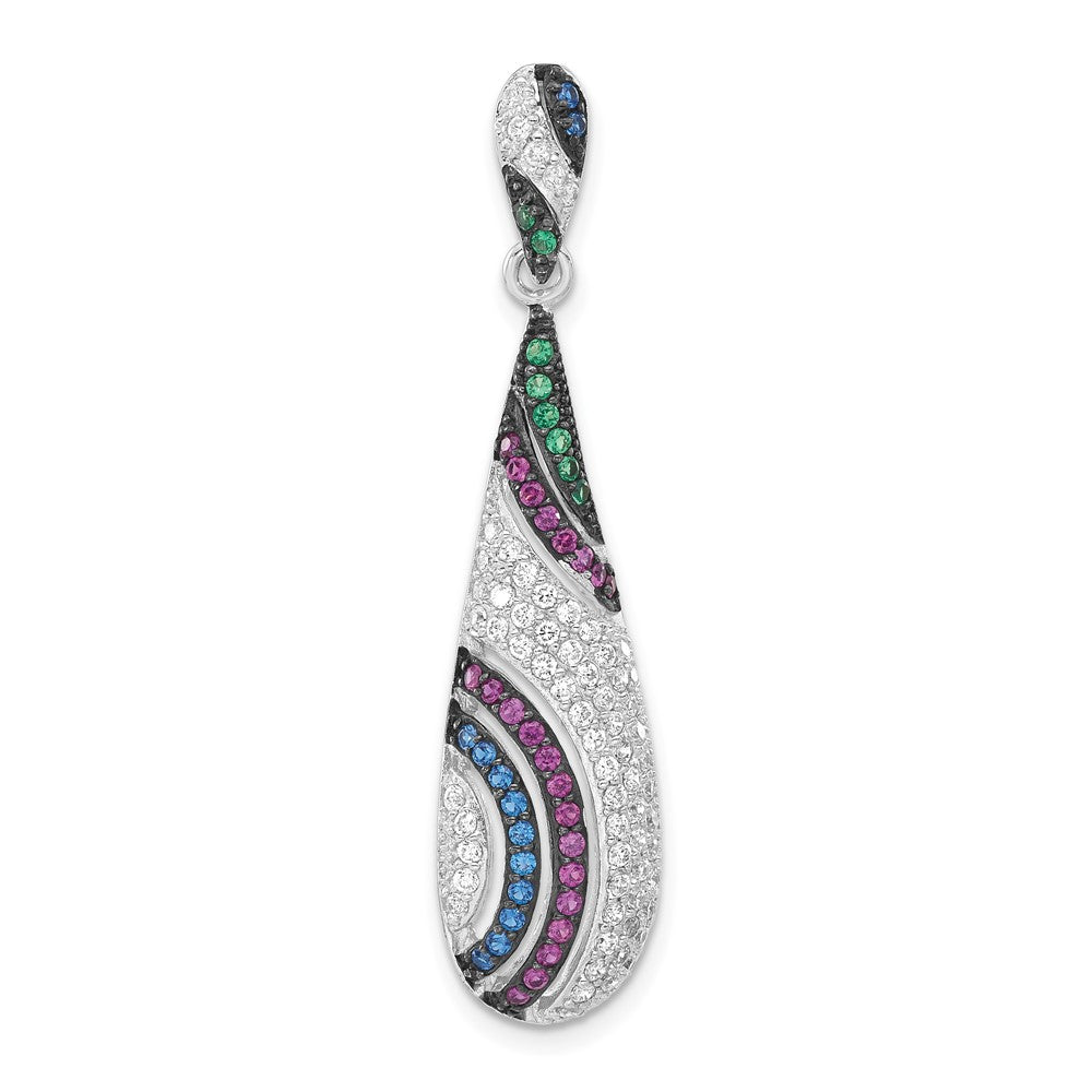 Sterling Silver W/ Black Rhodium Syn. Stones & CZ Teardrop Slide Pendant, 44.7 x 10.6 mm