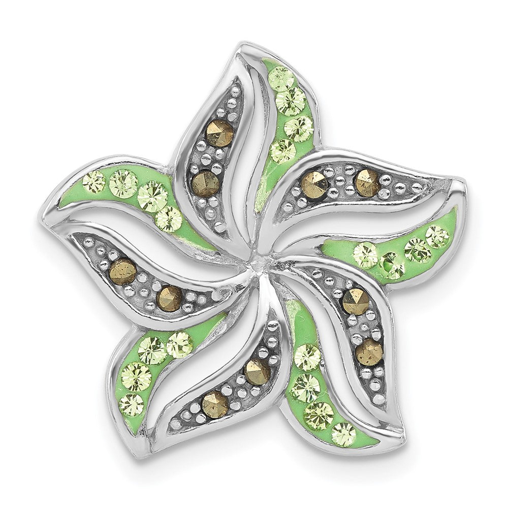 Sterling Silver Marcasite & Green Crystal Flower Chain Slide Pendant, 21.35 x 21.8 mm