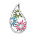 Sterling Silver CZ & Blue, Green & Pink Enamel Floral Teardrop Slide, 32 x 18.25 mm