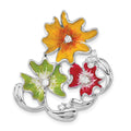 Sterling Silver Polished Red, Green & Yellow Enamel CZ Flower Slide, 32 x 29.5 mm