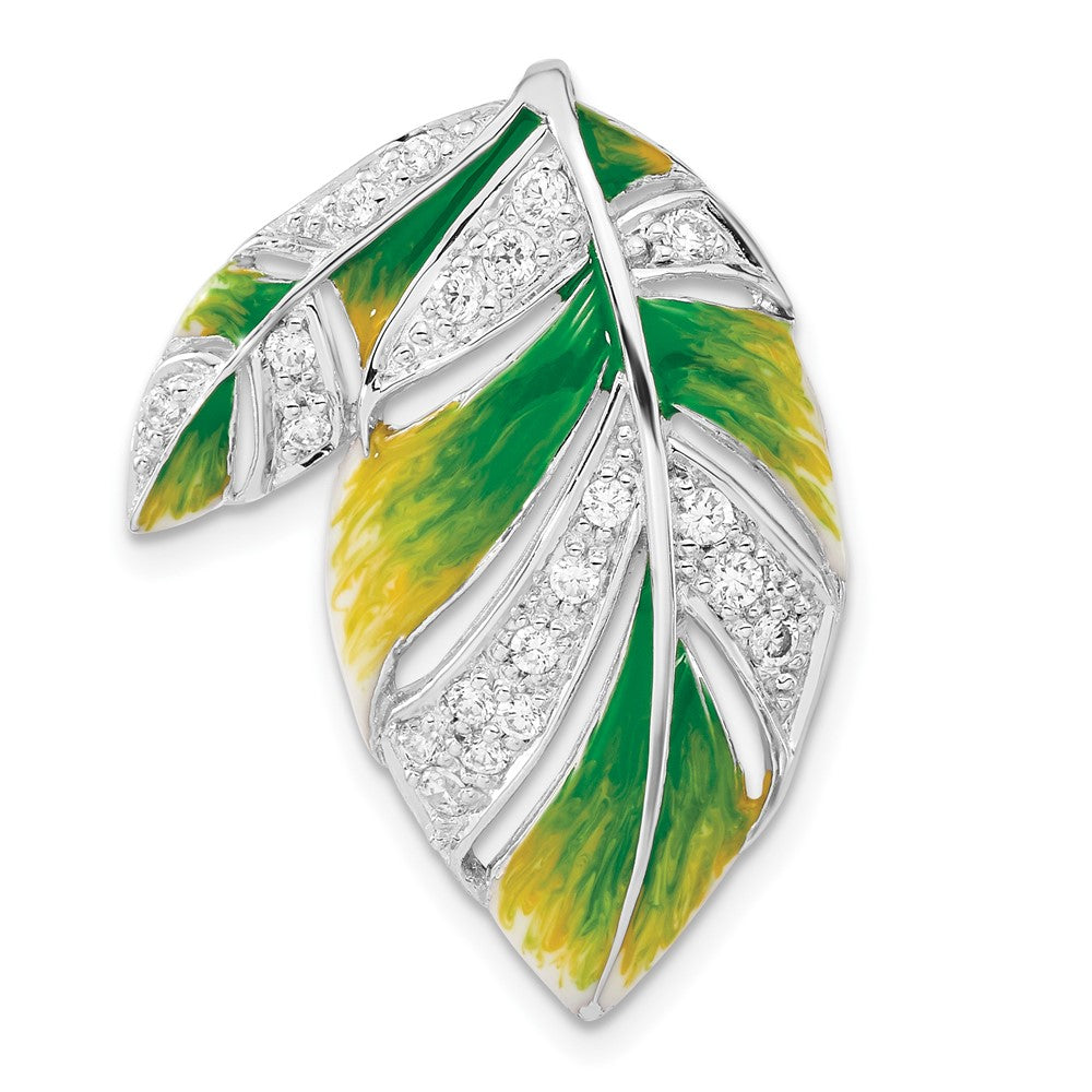 Sterling Silver Green & Yellow Enamel CZ Leaf Slide, 29.75 x 22.3 mm