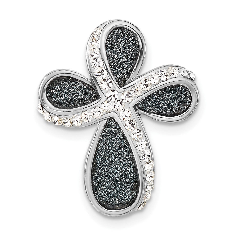 Sterling Silver Polished White Crystal & Blue Laser Glitter Texture Cross Pendant, 22.5 x 18.35 mm