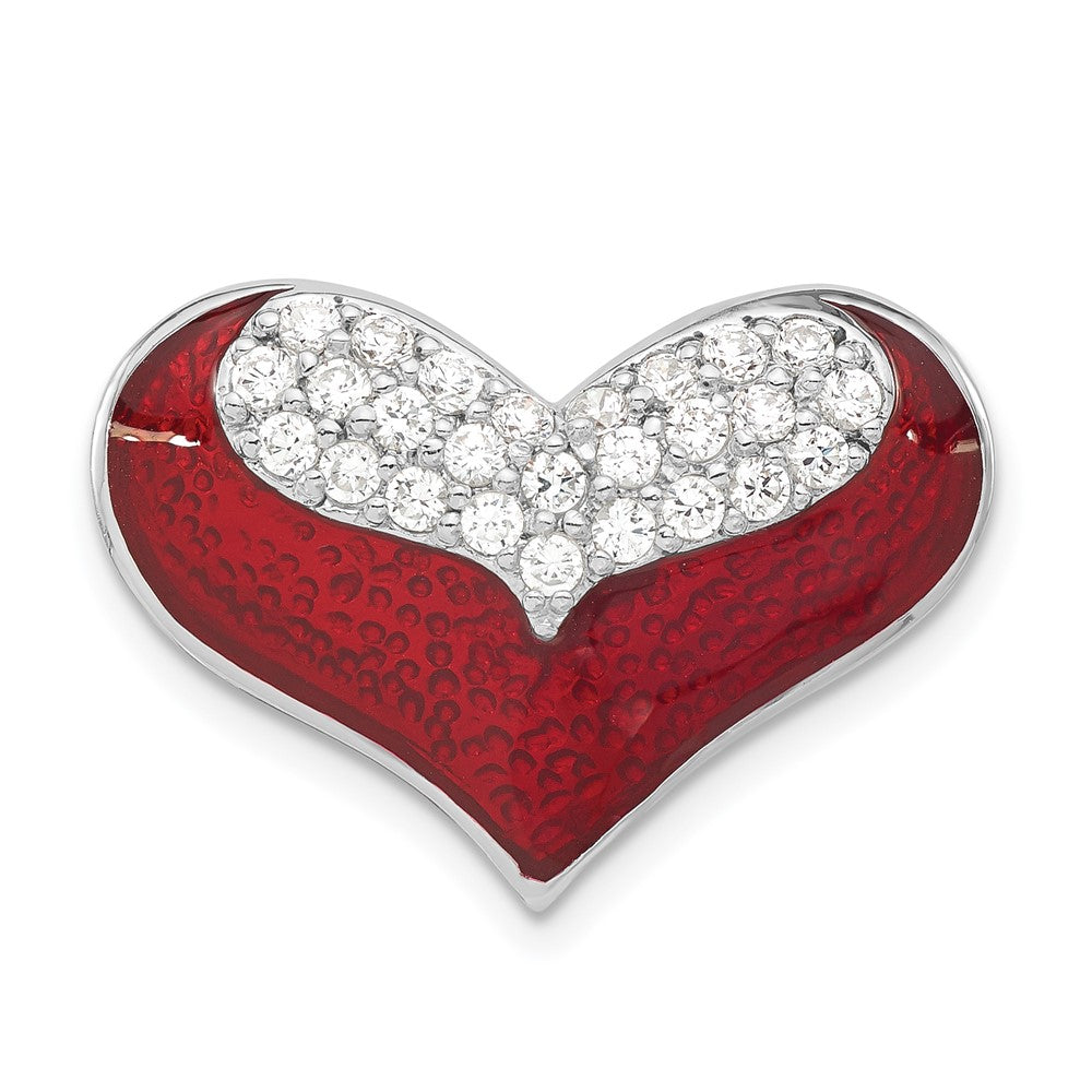 Sterling Silver Polished Red Enamel & CZ Heart Chain Slide Pendant, 17.4 x 24.8 mm