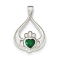 Sterling Silver Rhodium-plated Green CZ Heart Claddagh Pendant, 29.17 x 20.05 mm