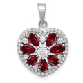 Sterling Silver Rhodium-plated Polished CZ and Lab Cr. Ruby Heart Pendant, 0.96 ct, 17 x 16.5 mm