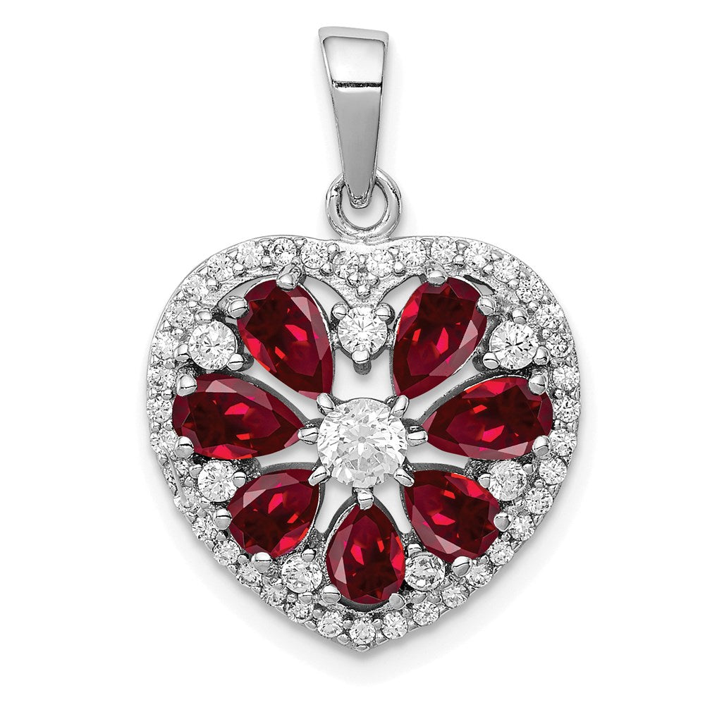 Sterling Silver Rhodium-plated Polished CZ and Lab Cr. Ruby Heart Pendant, 0.96 ct, 17 x 16.5 mm