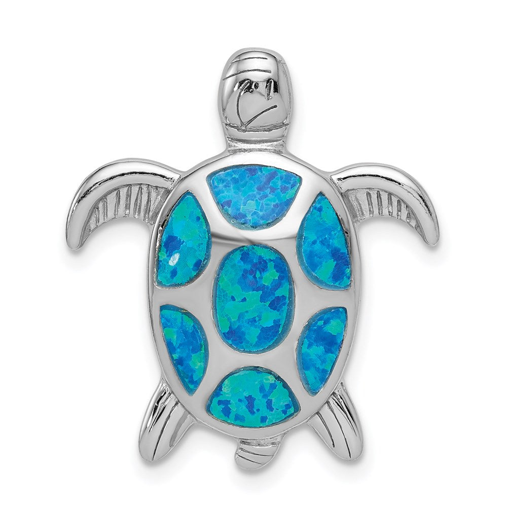 Sterling Silver Rhodium-plated Polished Created Blue Opal Turtle Slide, 26 x 21.5 mm