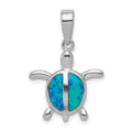 Sterling Silver Rhodium-plated Polished Created Blue Opal Turtle Pendant, 18 x 17.5 mm