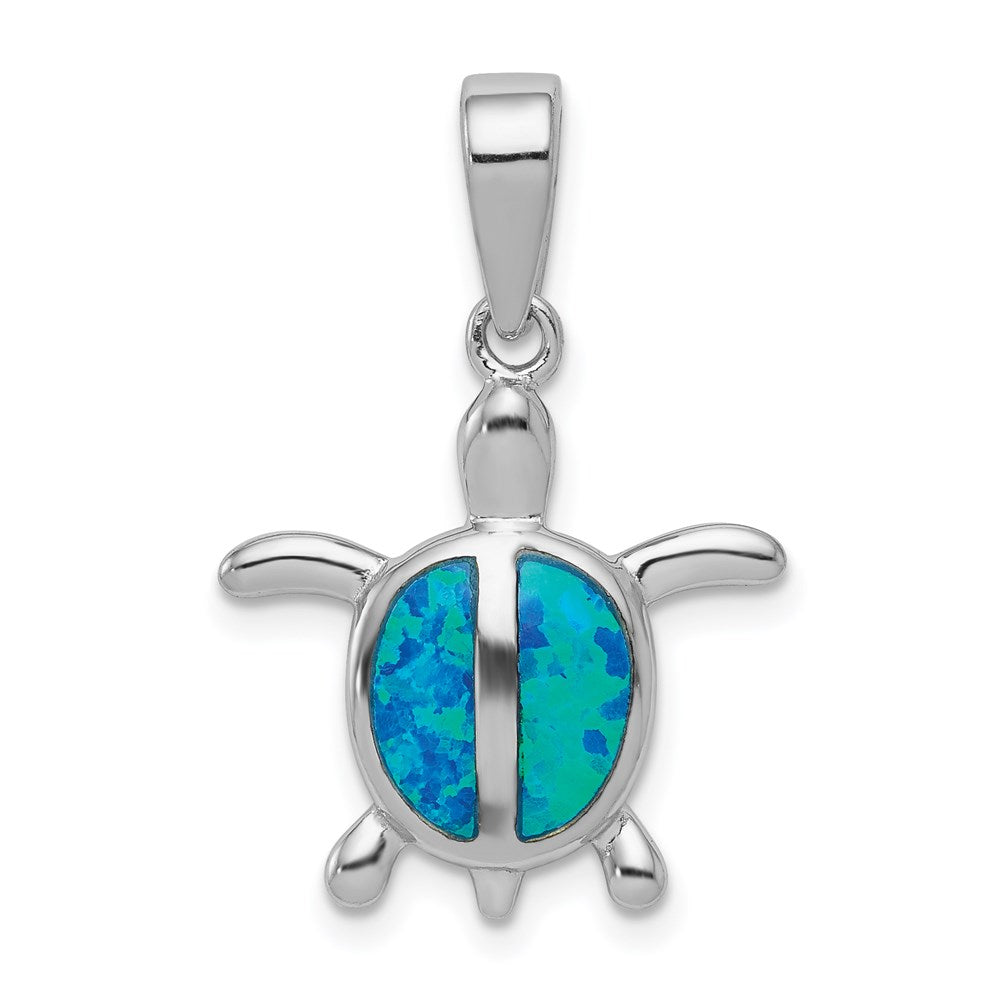 Sterling Silver Rhodium-plated Polished Created Blue Opal Turtle Pendant, 18 x 17.5 mm