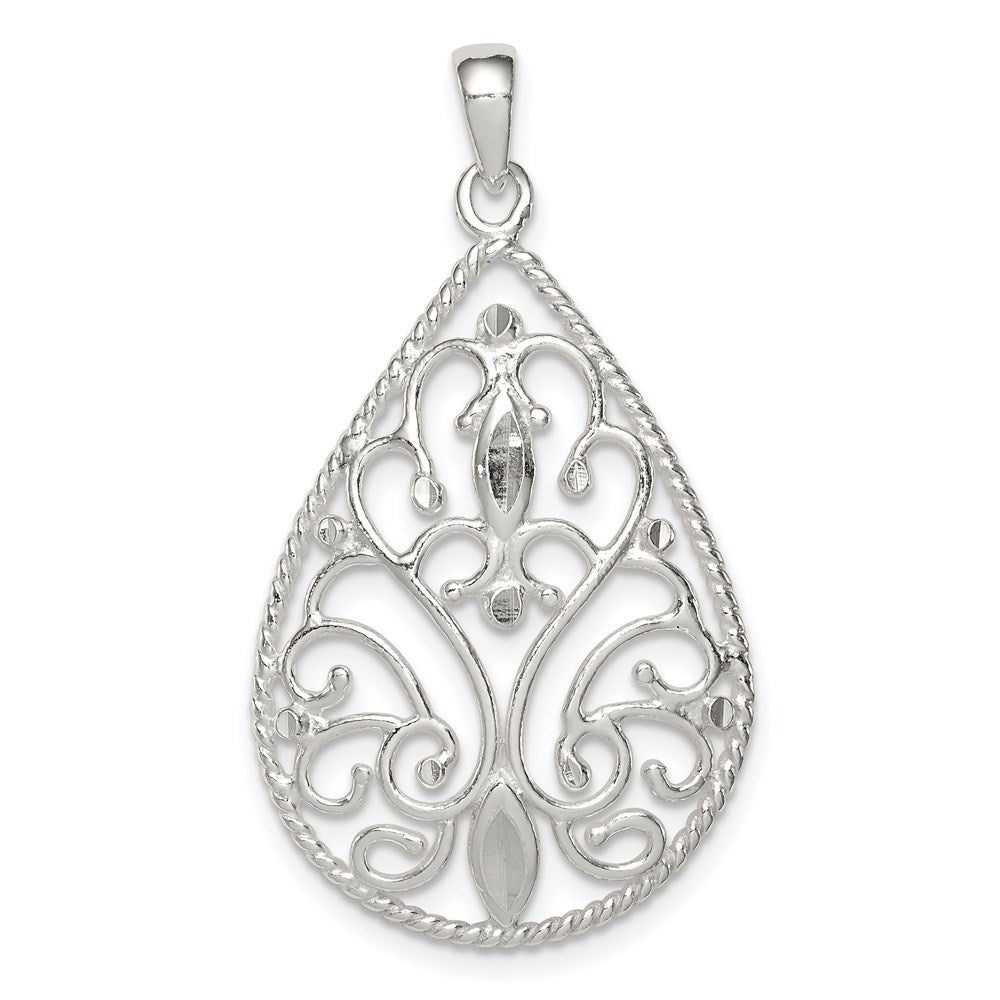 Sterling Silver Polished Filigree Diamond-cut Teardrop Pendant, 31.5 mm