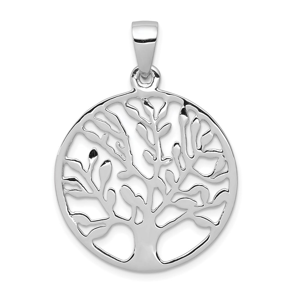 Sterling Silver Rhodium-plated Polished Circle w/Tree Pendant, 26.42 x 26.42 mm
