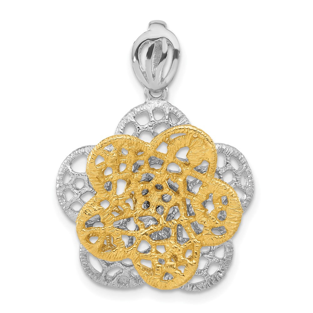 Sterling Silver Rhodium-plated Gold-tone Flower Slide Pendant, 31.1 x 22.5 mm