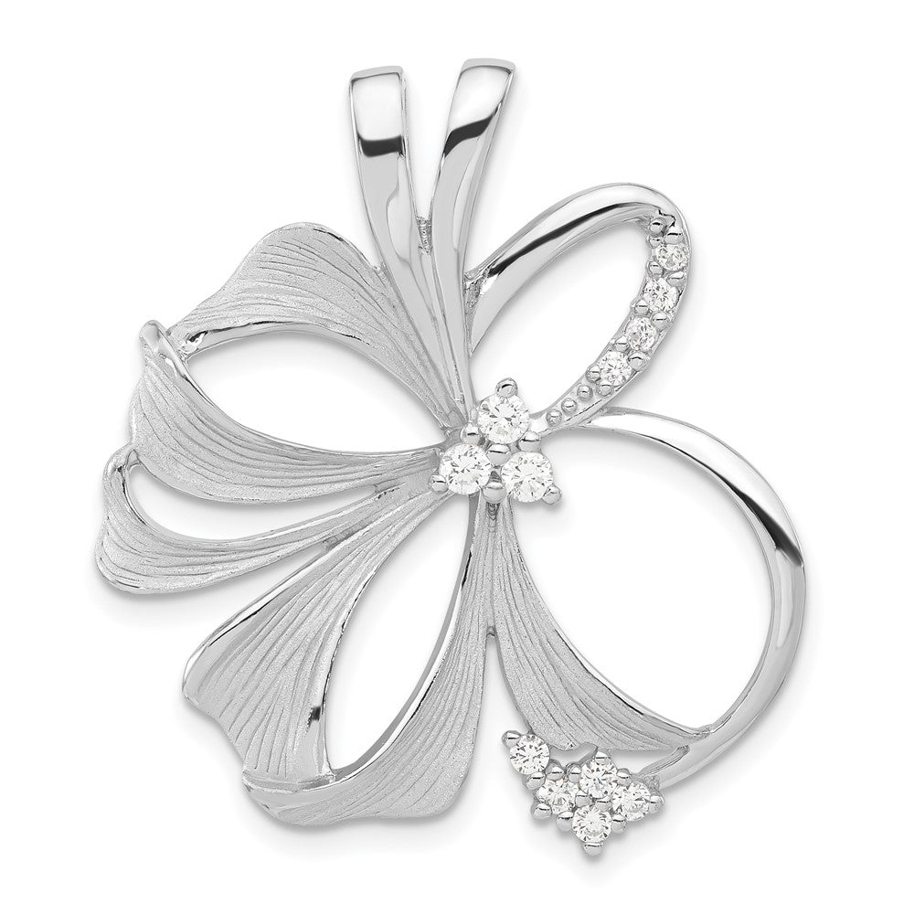 Sterling Silver Polished & Satin CZ Flower Chain Slide Pendant, 34.9 x 29.8 mm