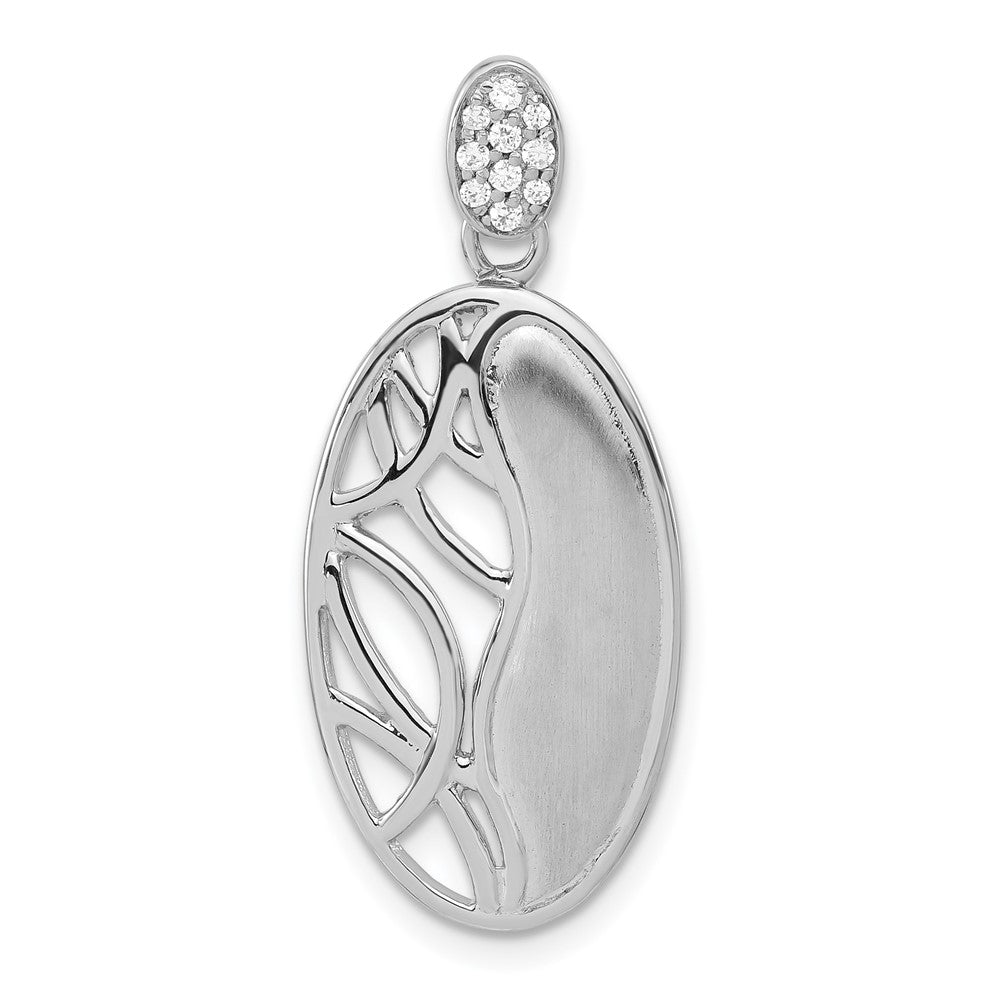 Sterling Silver Polished & Satin CZ Oval Chain Slide Pendant, 32.2 x 14 mm