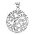 Sterling Silver Rhodium-plated Textured CZ Floral Circle Pendant, 32.5 x 24.05 mm