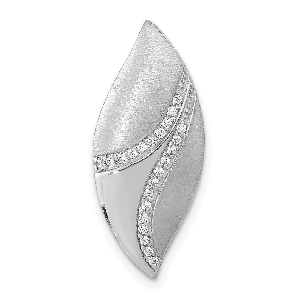 Sterling Silver Polished & Satin CZ Leaf Chain Slide Pendant, 25.9 x 11.4 mm