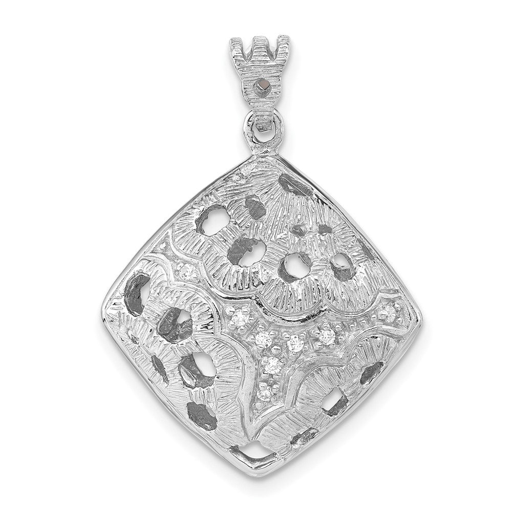 Sterling Silver Rhodium-plated Textured Crystal Floral Square Pendant, 31 x 23 mm