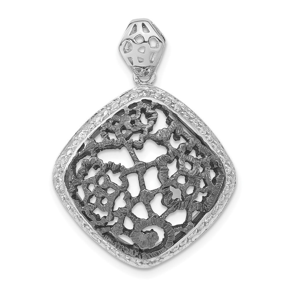 Sterling Silver w/ Black Rhodium Textured CZ Floral Square Pendant, 34.3 x 25.15 mm