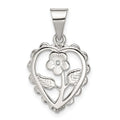 Sterling Silver Polished Mini Floral Center Heart Pendant, 17.5 x 15.75 mm