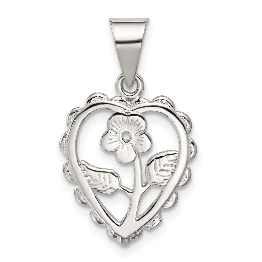Sterling Silver Polished Mini Floral Center Heart Pendant, 17.5 x 15.75 mm