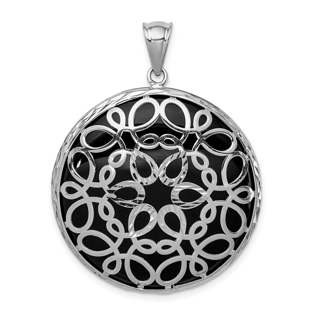 Sterling Silver Rhodium-plated Filigree Diamond Cut Onyx Circle Dangle Pendant, 38.5 mm
