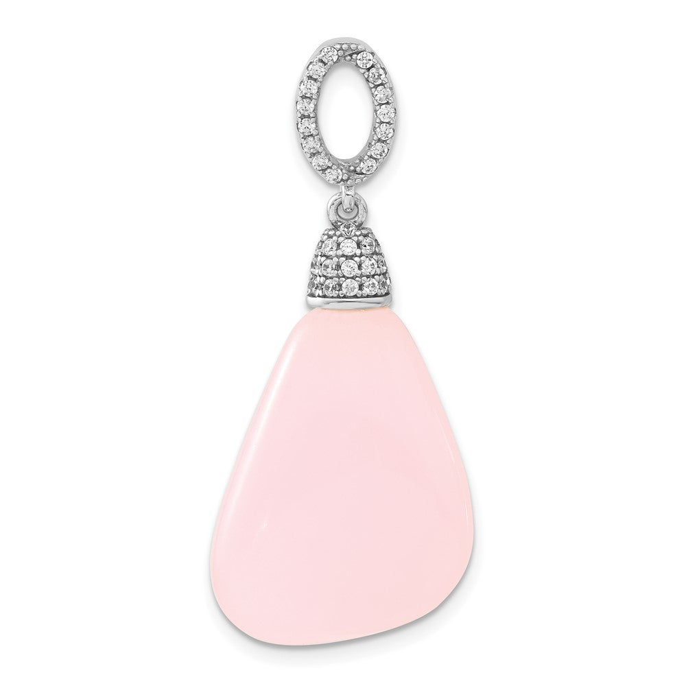 Sterling Silver Polished CZ & Pink Glass Dangle Pendant, 39 x 17.1 mm