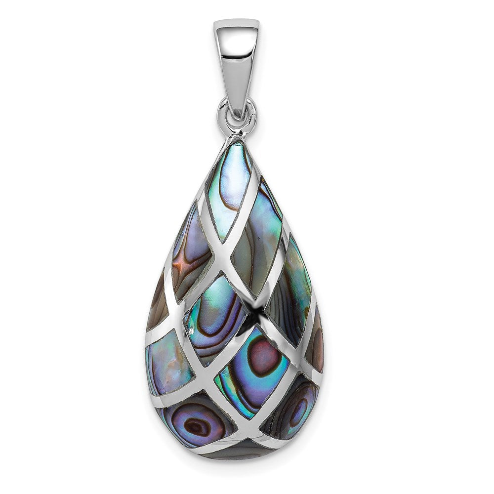 Sterling Silver Rhodium-plated Polished Teardrop Abalone Pendant, 35.5 mm