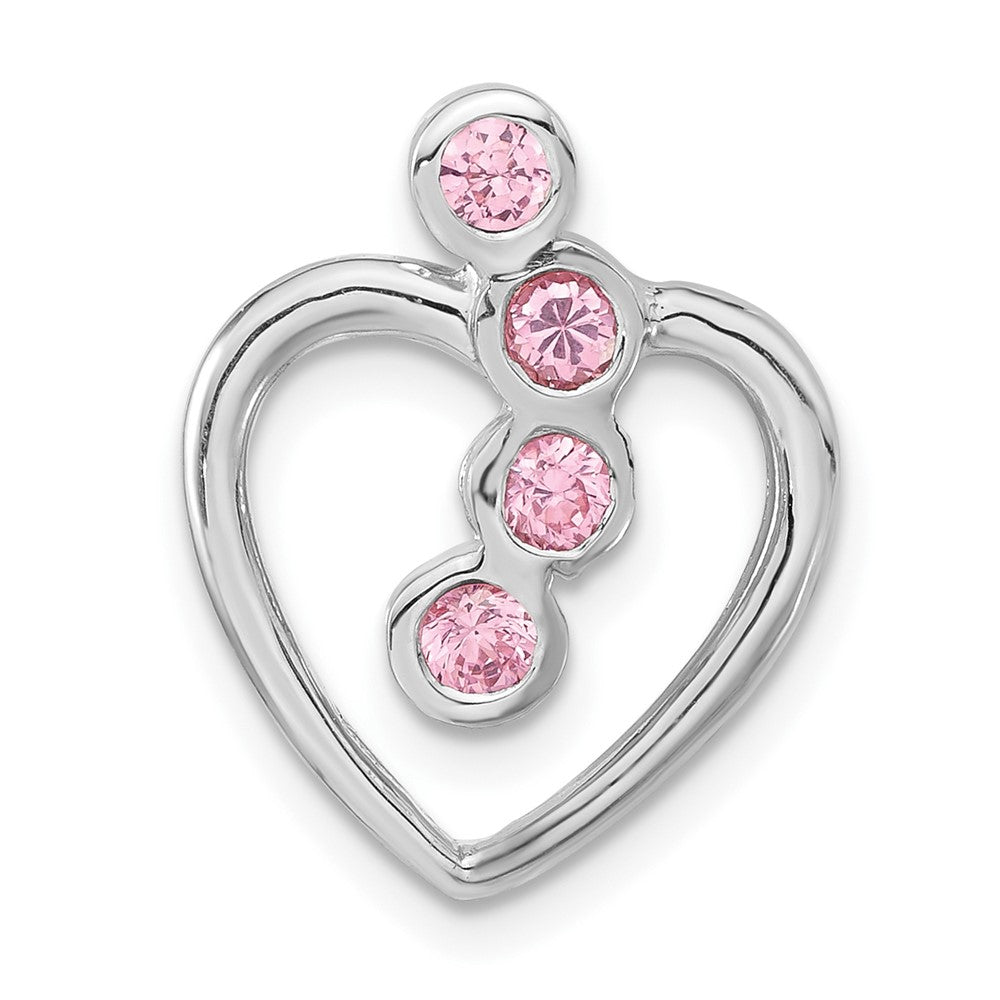 Sterling Silver Polished Pink CZ Heart Chain Slide Pendant, 18.05 x 14.5 mm